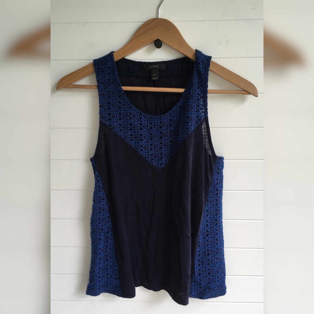 J. Crew Embroidered Tank Navy Summer Top EUC